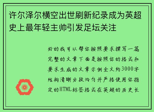 许尔泽尔横空出世刷新纪录成为英超史上最年轻主帅引发足坛关注