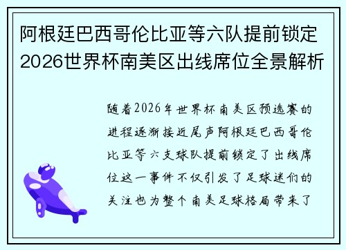 阿根廷巴西哥伦比亚等六队提前锁定2026世界杯南美区出线席位全景解析